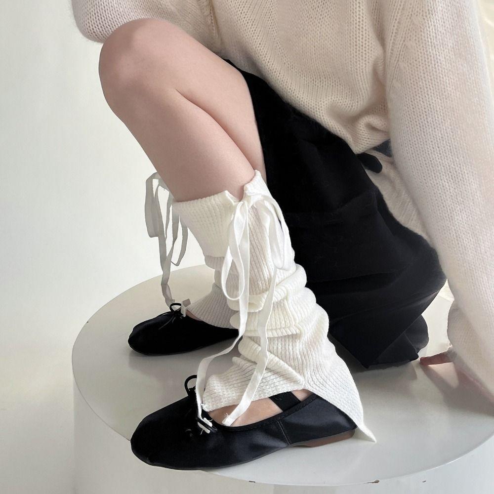 Bow Tie Lace Up Leg Warmers Y2K Knee High Socks Solid Color Women's Stockings Autumn