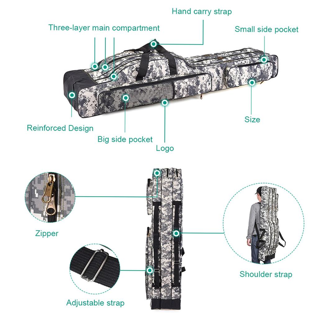 Doorslay 3 Layers Fishing Bag Portable Folding Fishing Rod Reel Bag Fishing Tackle Carry Bag Case Travel Storage Bag