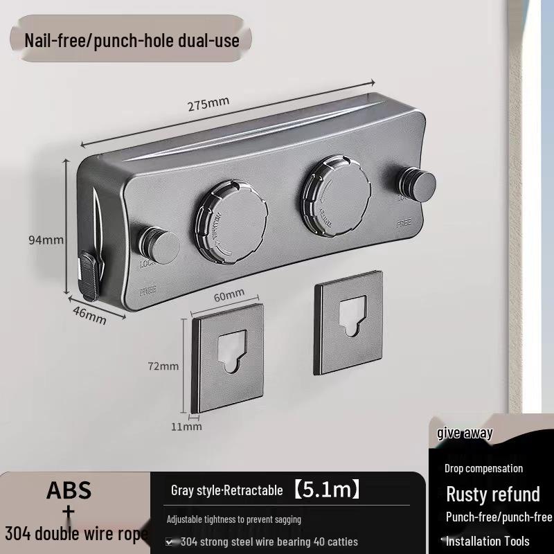 Dual-Line Retractable Indoor Clothesline, Wall-Mounted Stainless Steel, No-Drill Installation