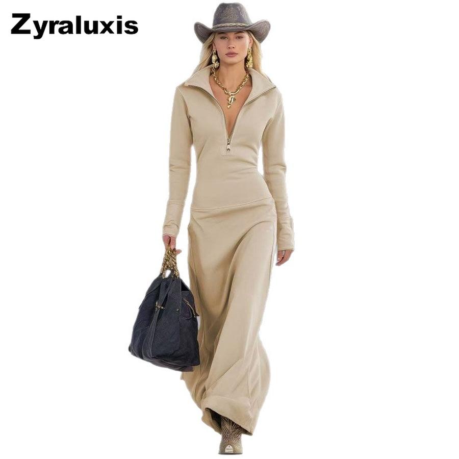 Women's Zippered Polo Neck Long Sleeve Casual Dress for Autumn/Winter
