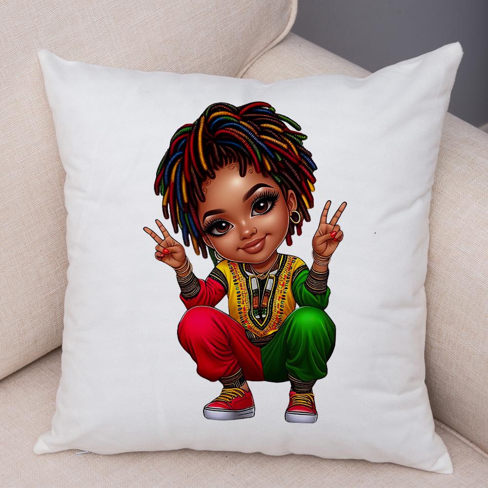 Fashion Cartoon African Girl Pillow Case Soft Plush Cushion Cover for Sofa Home Decor Cute Black Women Throw Pillowcase