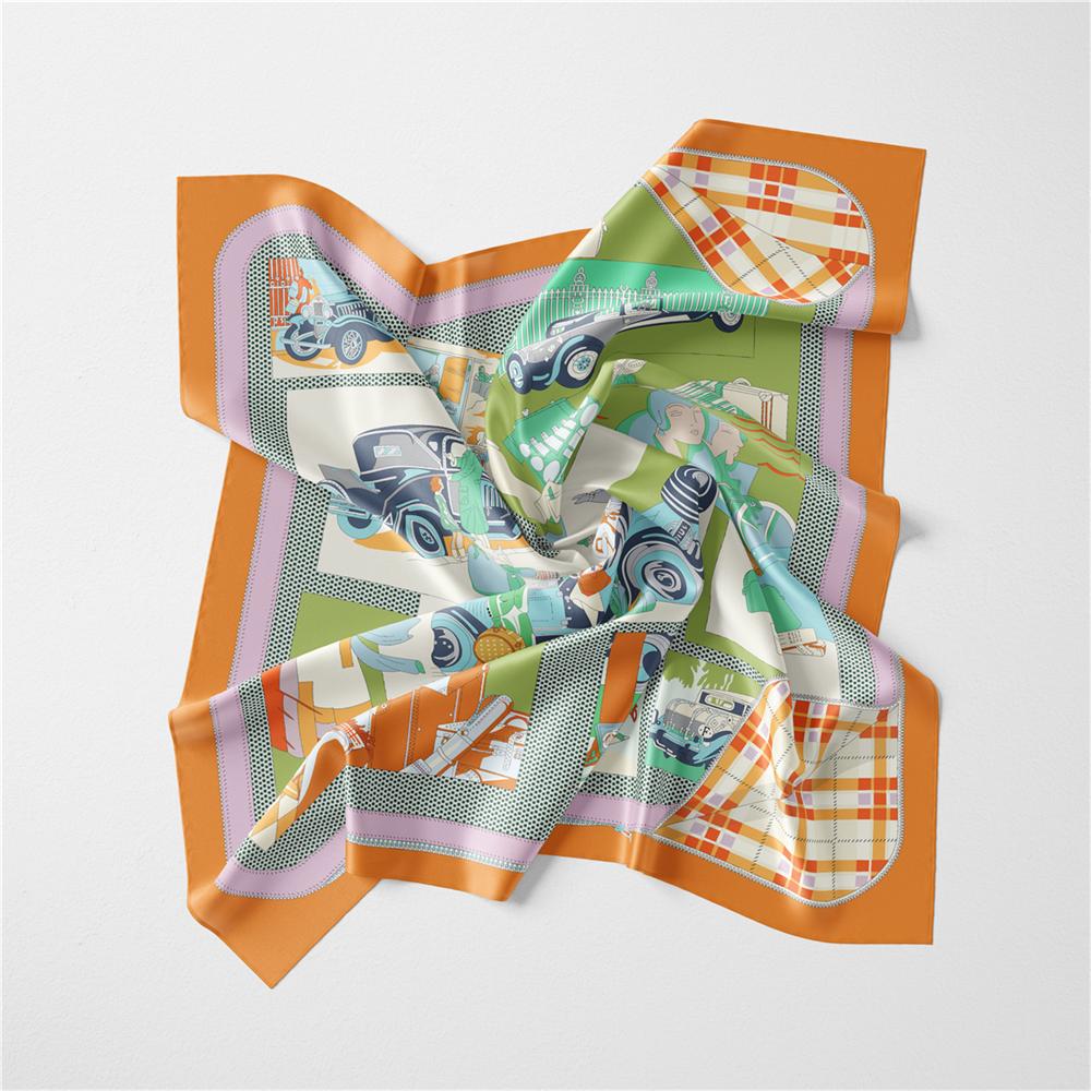 Silk Scarf Women France Car Print Square Scarves Wraps Bandana Small Hijab Foulards Lady Tie Headband Neckerchief