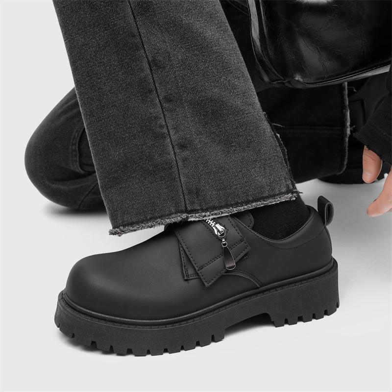 2025 New Mens Matte Derby Shoes British Workwear Zipper-Trimmed Casual Shoes Big Round-Toe Black Leather Footwear for Daily Wear