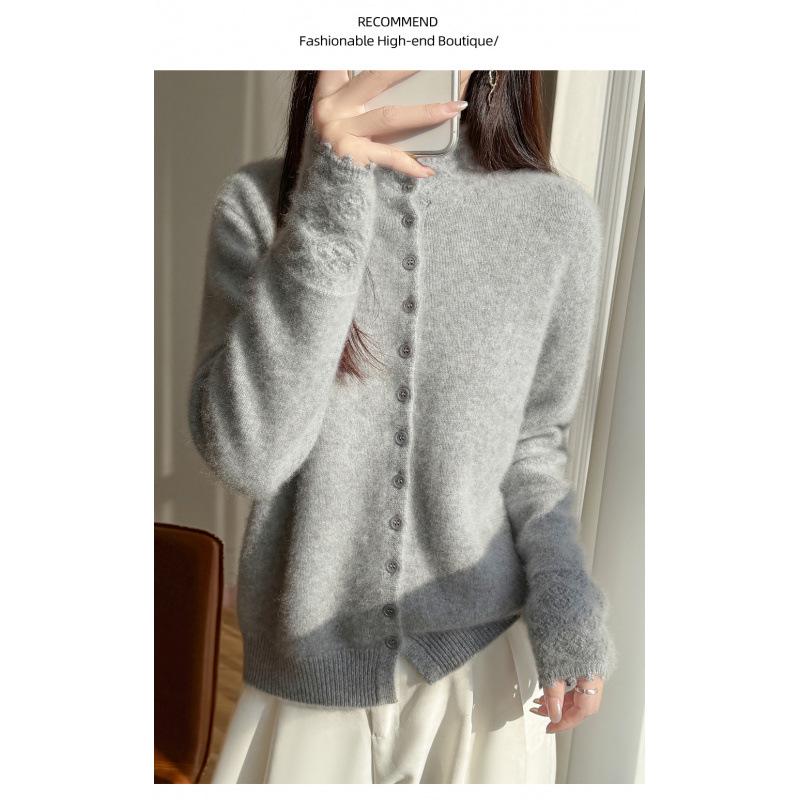 Women's 100% Wool Half-High Collar Crochet Cardigan - New Year Knit Cashmere Sweater