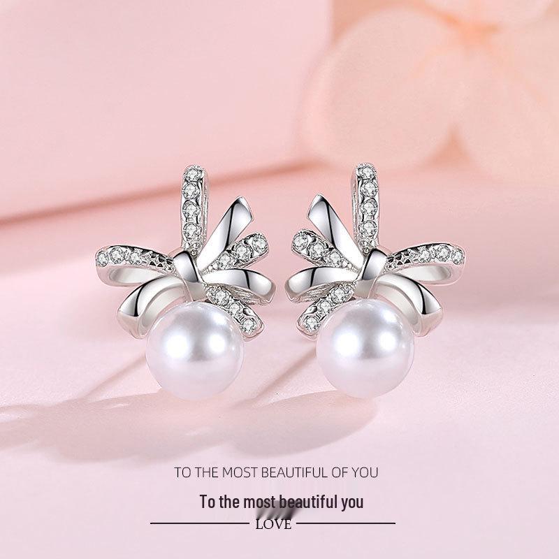 

Серьги-пусеты из стерлингового серебра 925 пробы с бантом, жемчугом и цирконами - Женская гипоаллергенная модная бижутерия S925 Silver