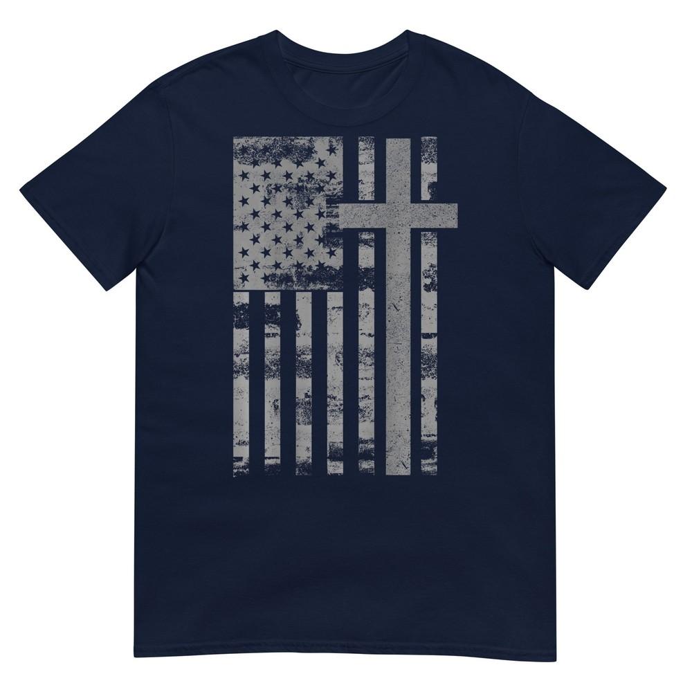 (Art On Back) American Flag Christian Faith Cross Patriotic TShirt S