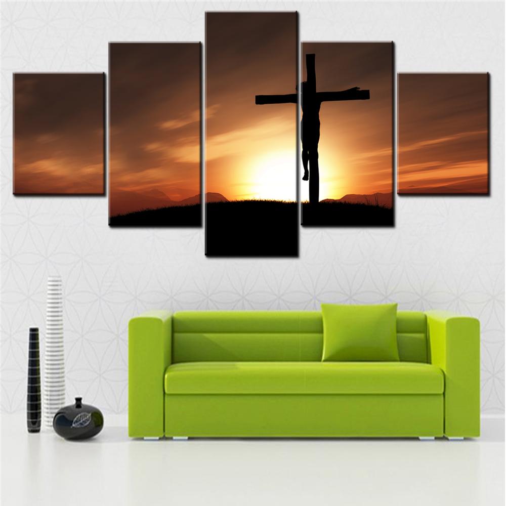 5 Pieces Canvas Wall Arts Poster Painting Crucifixion At Sunset Wallpaper Interior Home Decor Picture Printing For Living Room
