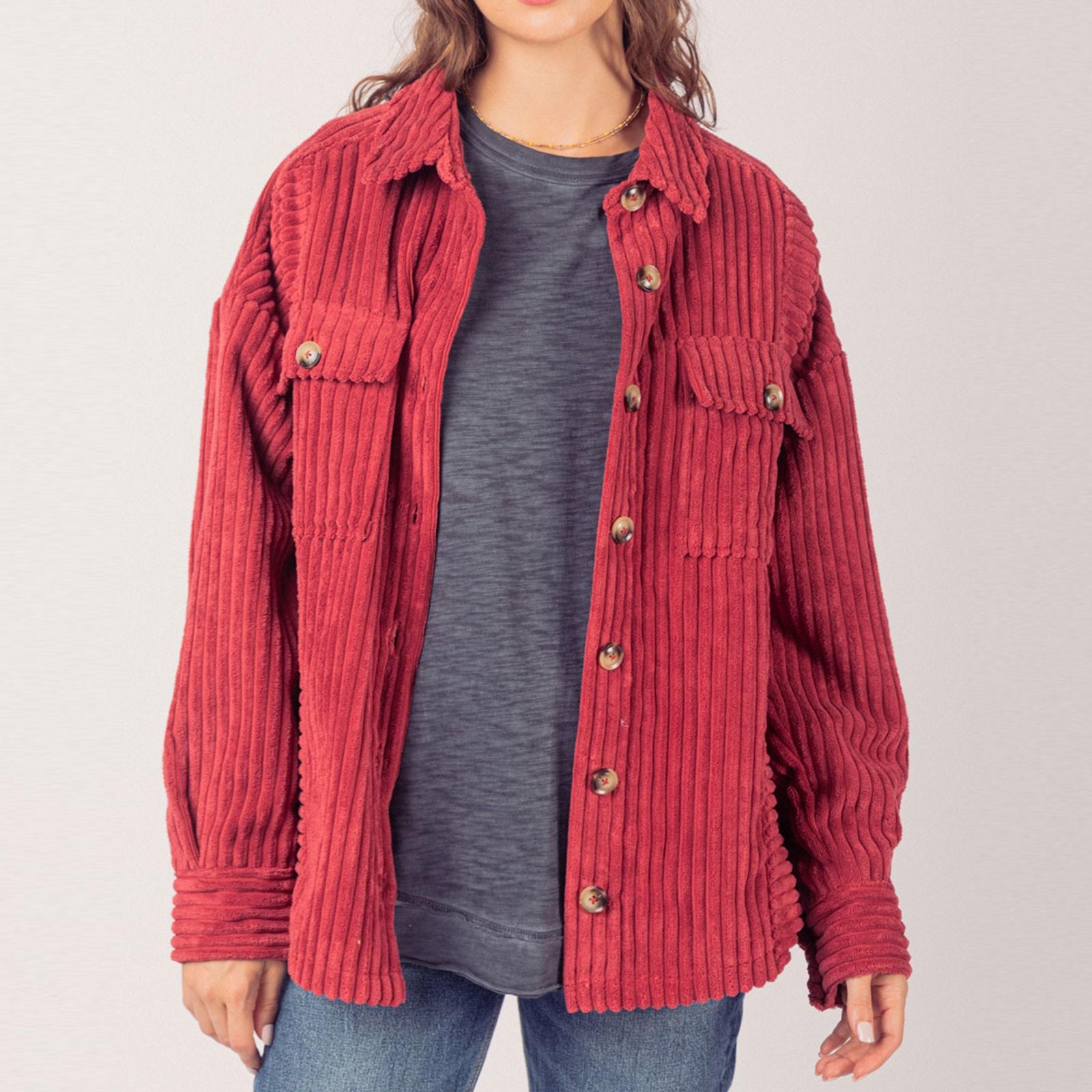 

Женская осенне-зимняя однотонная модная полосатая рубашка с большим карманом XL винный