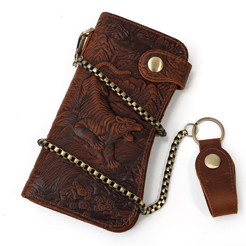 Men'S Leather Wallet Crazy Horse Leather Iron Chain Anti-Theft Long Wallet Multi-Card Wallet Mobile Phone Change Bag