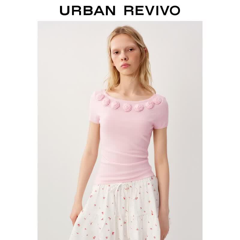 UR2026 Women s Urban 3D Floral Short Sleeve Knit Top