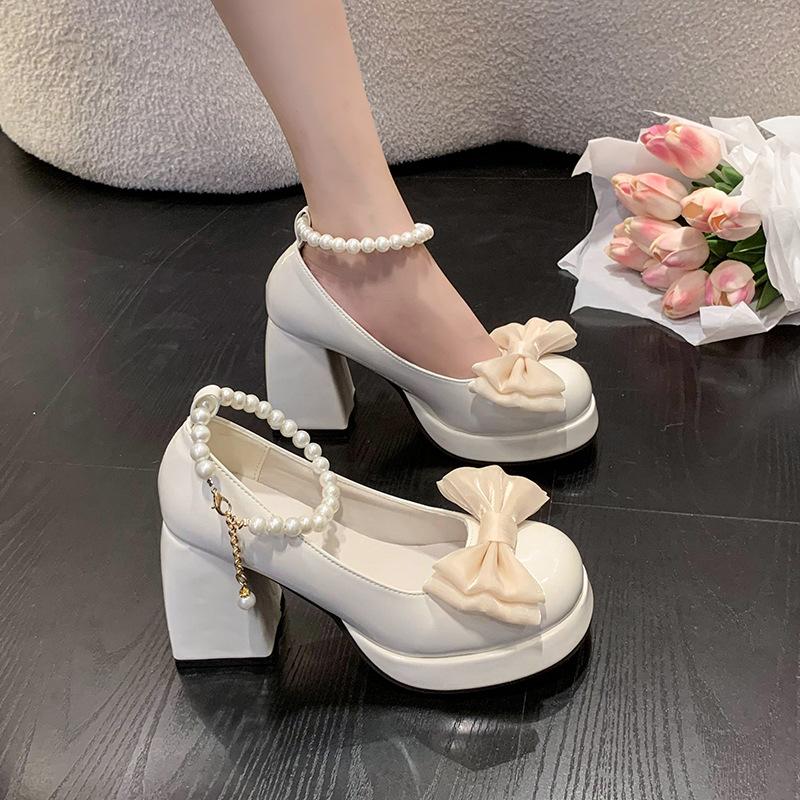 Mary Jane shoes women's thick heel 2025 autumn shallow mouth bow single shoes fairy style French lady high heels