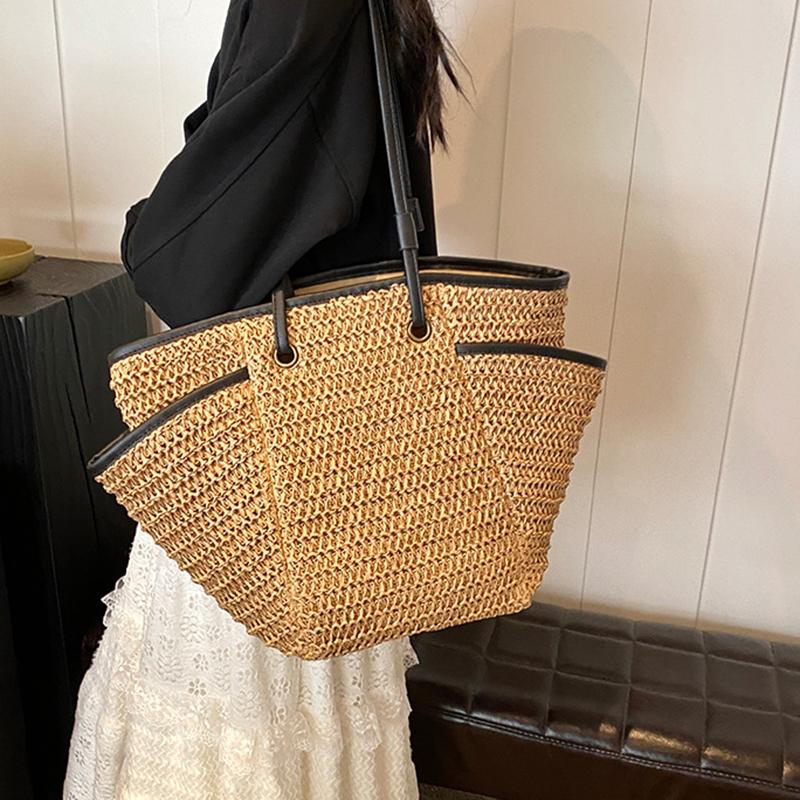 Multi Pockets Summer Beach Straw Shoulder Bag For Women Mesh Durable Travel Handbag Large Capacity Hollow Out Bucket Tote Bag
