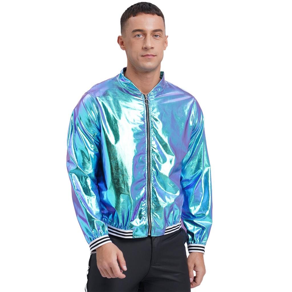 Mens Metallic Bomber Jacket Striped Band Long Sleeve Shiny Outerwear Club Coat Street Style