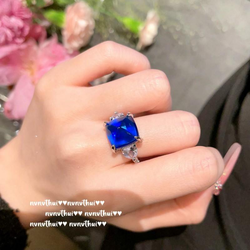 Vintage Floral Open Ring With Deep Sea Blue Cubic Zirconia Swirl Design 18K Gold Plated Womens Adjustable Band