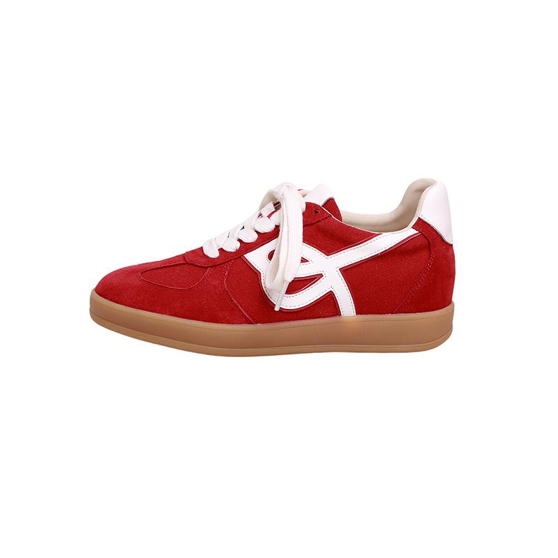 Leather Inner Height Increase Women's Red Retro Round Head Lace-up Light Casual Sports Shoes