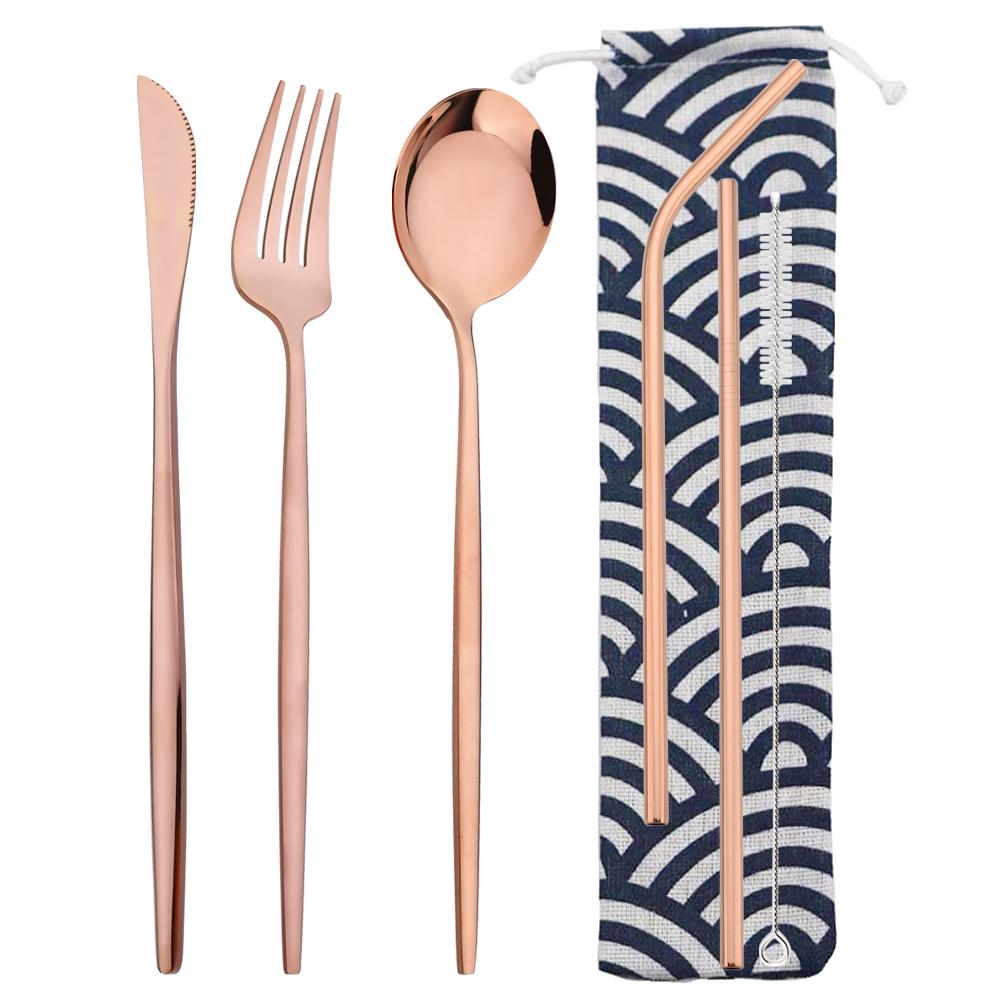 6Pcs Travel Camping Cutlery Set Travel Flatware Set Knife Fork Spoon Straw With Portable Bag Stainless Steel Tableware Set