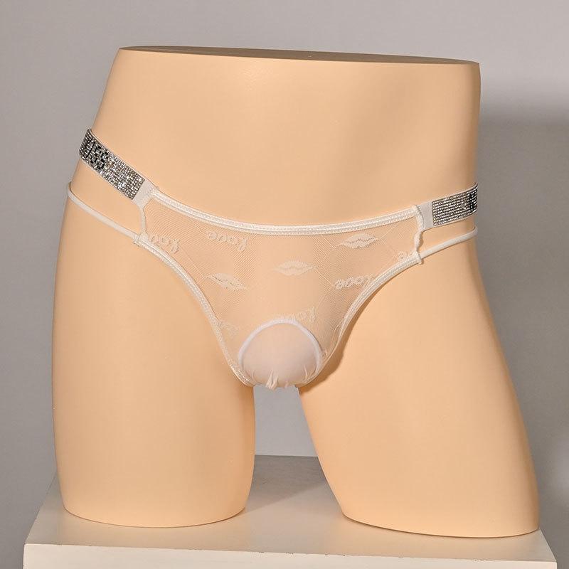 Silky Penis Sheath Panties Men Breathable Mesh See Through Briefs Diamond Low Waist Bedding Underwear Sissy Nightclub Gaywear