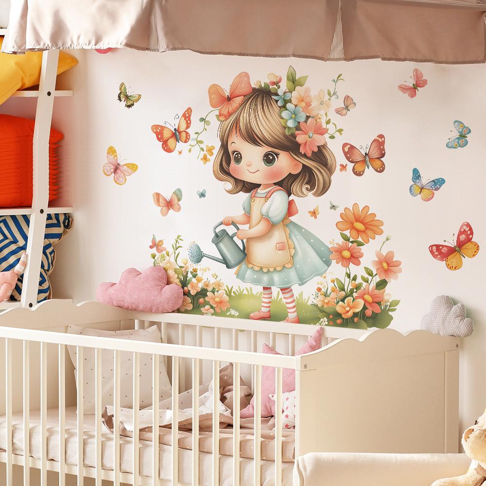 2 Pcs Cartoon Cute Little Girl Flowers Butterfly Bedroom Living Room Home Background Beautification Wall Stickers