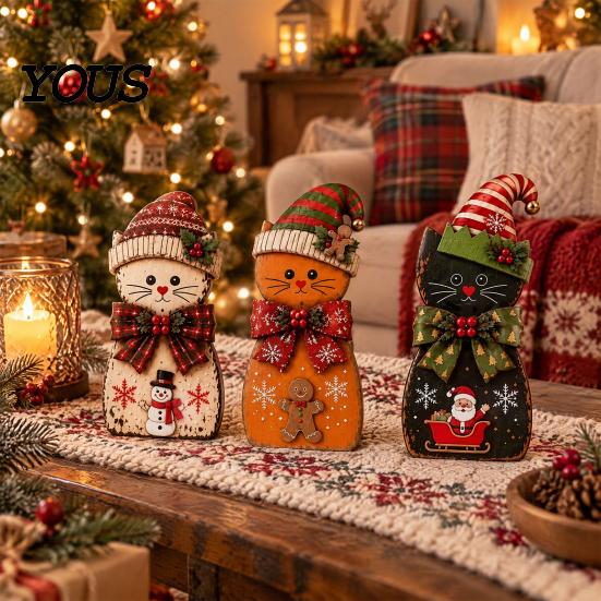 Christmas Cat Ornaments 3Pcs Wooden Tabletop Decor, Rustic 2D Figurines with Xmas Indoor Winter Home Decorations Hat, Santa & Gingerbread Patterns for