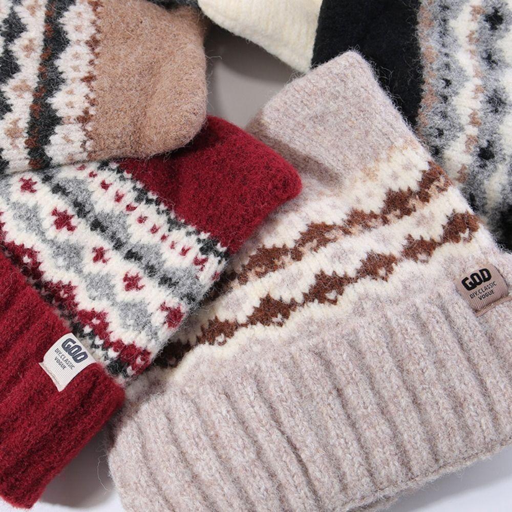 Fair Isle Style Jacquard Knitted Hat Printed Printing Knit Cap Sweet Cat Ears Beanies  Girls