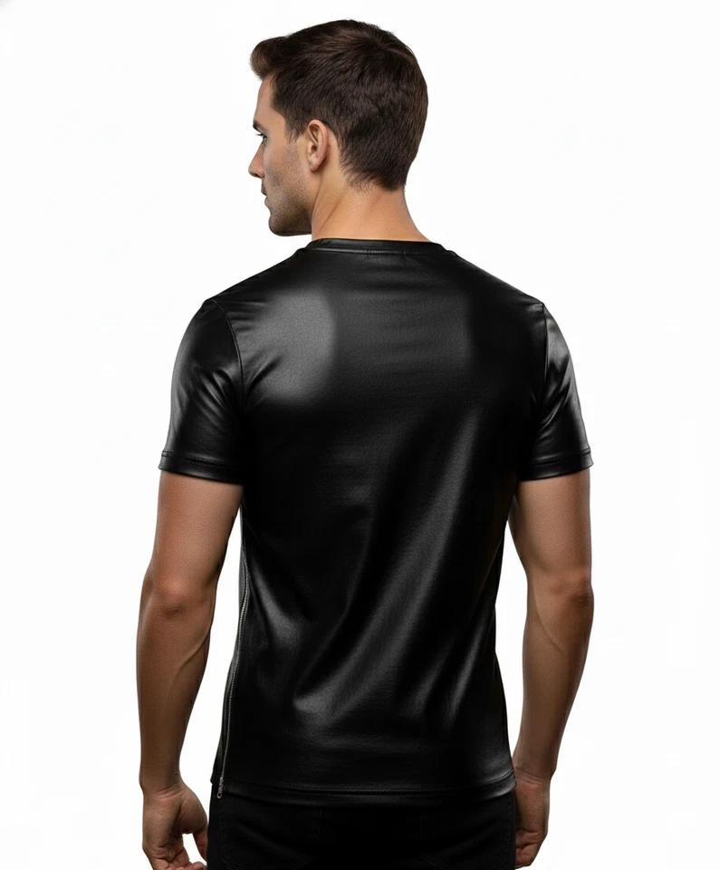 Leather T-shirt Summer Stylish Handmade Men's Black Genuine Lambskin Casual Soft
