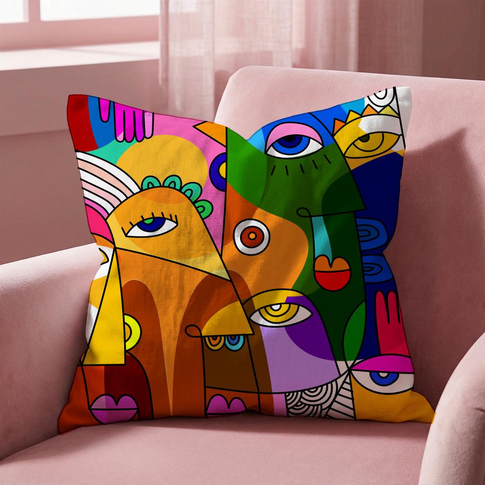 Colorful Abstract Faces Cushion Cover Multi-Scene Pillow Cover for Home & Car - Reversible, Soft & Durable for Daily Use