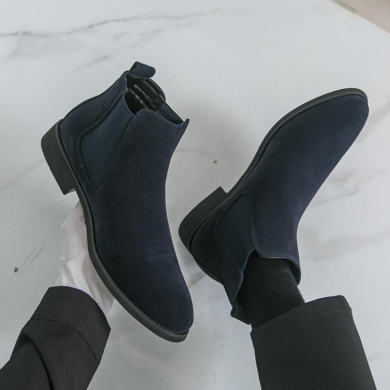 Large Size 38-48 Luxury Blue Men's Chelsea Boot Comfortable Slip-On Suede Leather Boots For Man Pointed Toe Flat Men Ankle Boots
