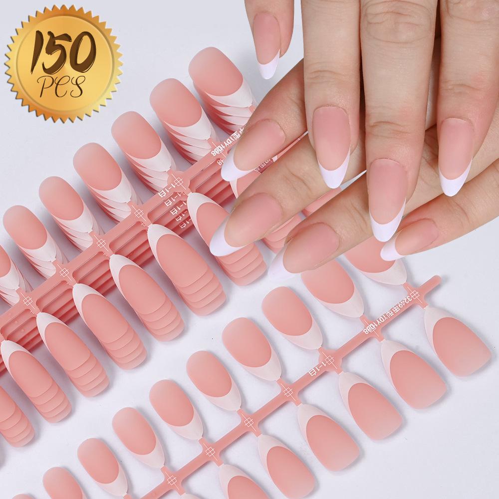 150 Stück Französische Weiße Kante Tragen Nagel Rosa Falscher Nagelstück Vollaufkleber Matt Maniküre Ultradünn Weiß