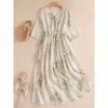 Dress Women Long Print Elegant Clothing Vintage Elastic Waist Casual Beach Style V-Neck  Robe Floral Cotton and Linen Dress