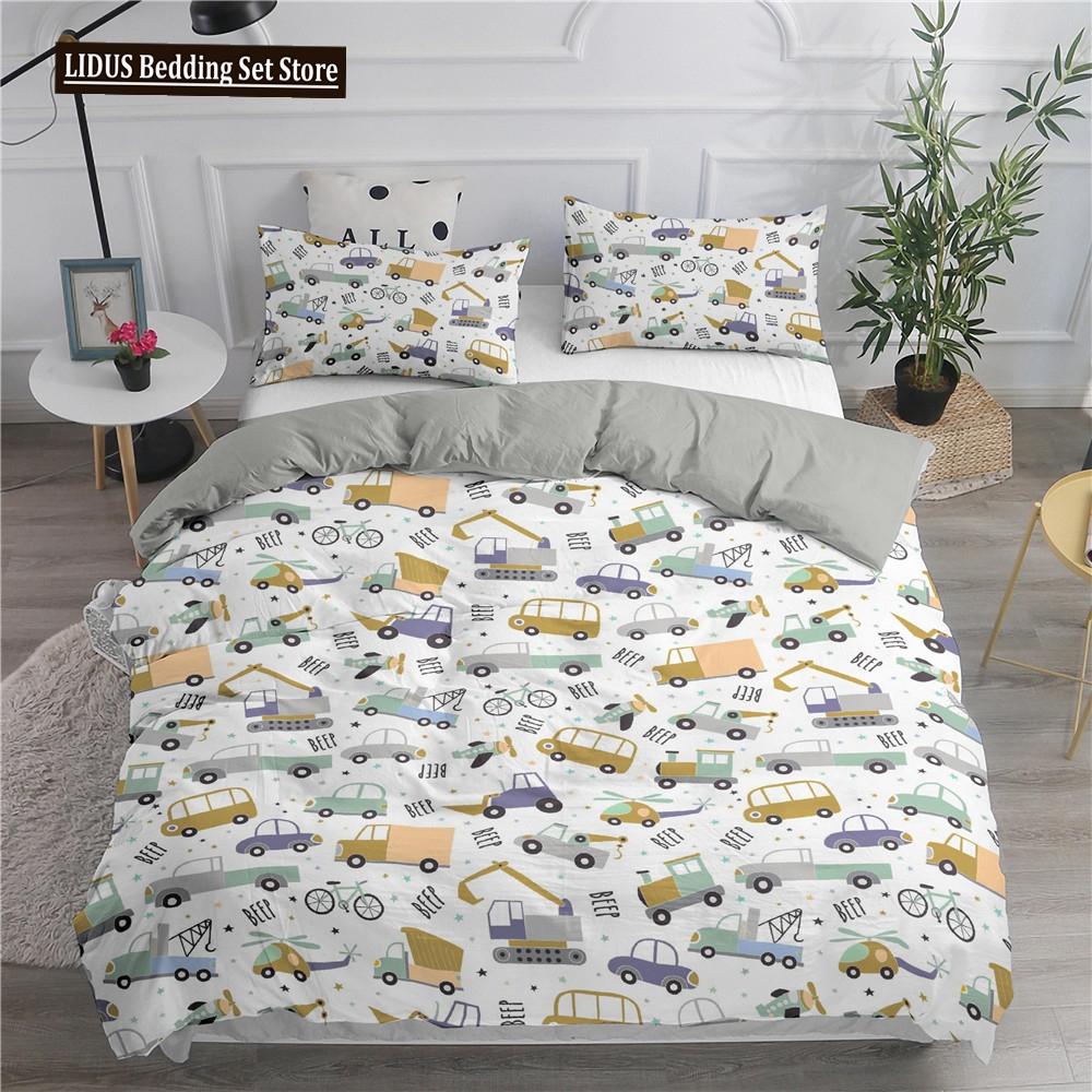 Cartoon Feuerwehrauto King Queen Bettwäscheset für Jungen Kinder Betonmischer Bettbezug Traktor Kran Bagger Polyester Quiltbezug