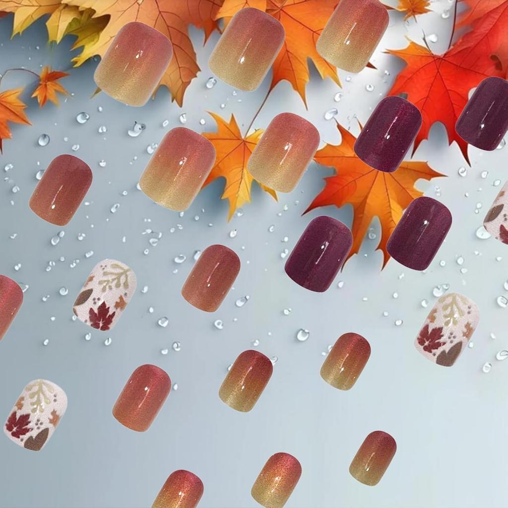 Maple Leaf Press on Nails Fall Leaves Stick on Fingernails Thanksgiving Short Square False Nails 24Pcs Glossy Silver Glitter Acrylic Fake Nail Autumn