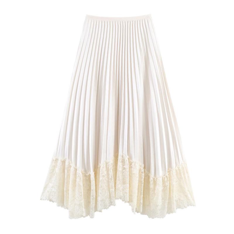 

2026 Spring Satin French Pleated Lace Skirt with Elastic Waist and Wide Hem Large белый