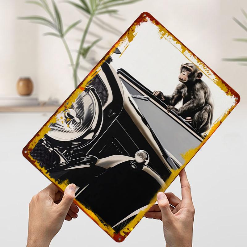 

Chimp on Classic Car Printed Poster Customized Wall Art Retro Vintage Metal Tin Signs for Garage Modern Home Decoration Luxury 7.9x11.8In(20x30cm)