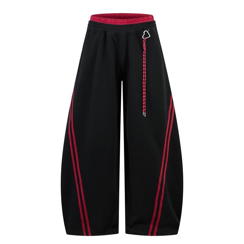Street American retro striped contrasting color red inner splicing double-layer scimitar casual pants women s design sense is loose S чёрный