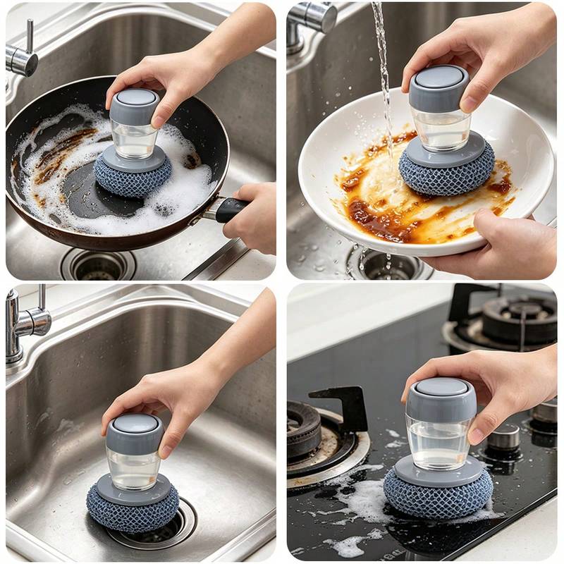Self-Filling Soap Dispenser Brush Replaceable Cleaning Brush Scrubber For Dishes Pans Kitchen Sink Bathtub Tile And Household Ergonomic Grip