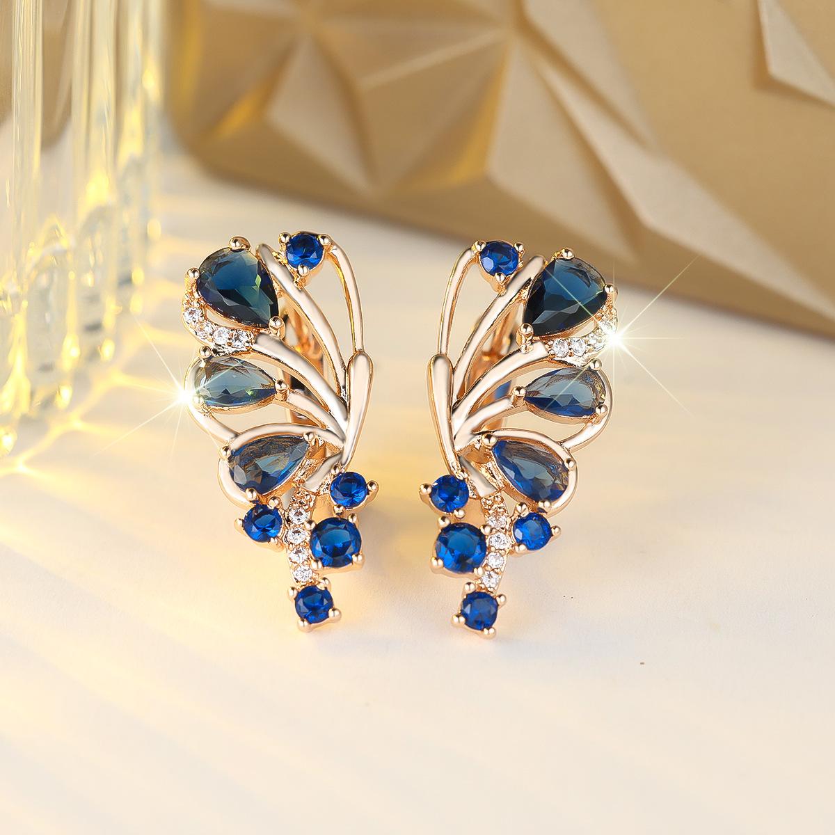 

Feather texture blue diamond clustered earrings, gorgeous atmospheric banquet dress women s matching earrings