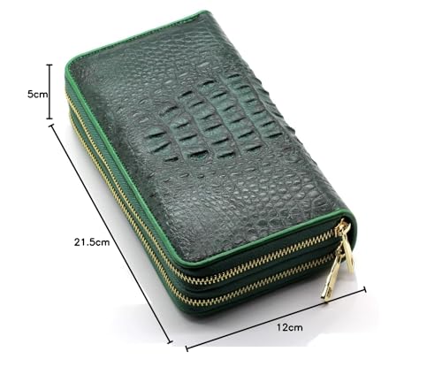 [Revetta] Crocodile Leather Long Wallet, Large Capacity, 40 Card Slots, Men's Wallet, Green, Double Round Zipper, Genuine Leather, Single Piece Leathe