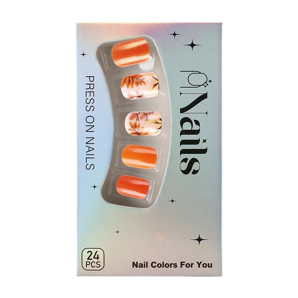 Short Glossy Nail Art: 24 Wearable Warm Color Leaf Stickers