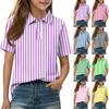 Kids Casual Short Sleeve Polo Shirt Striped Print Button Down Collar Lightweight Breathable Top for Boys Girls Summer Wear