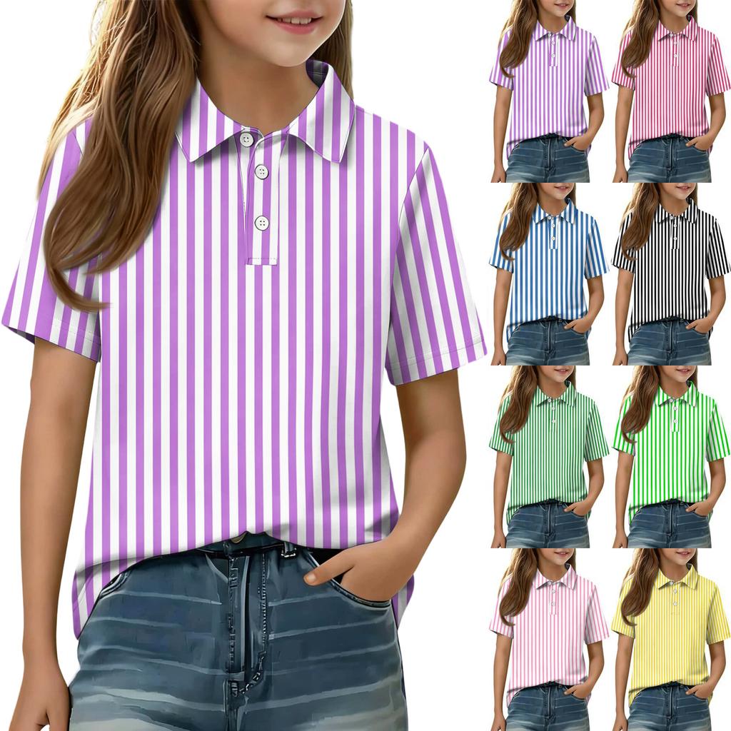 Kids Casual Short Sleeve Polo Shirt Striped Print Button Down Collar Lightweight Breathable Top for Boys Girls Summer Wear