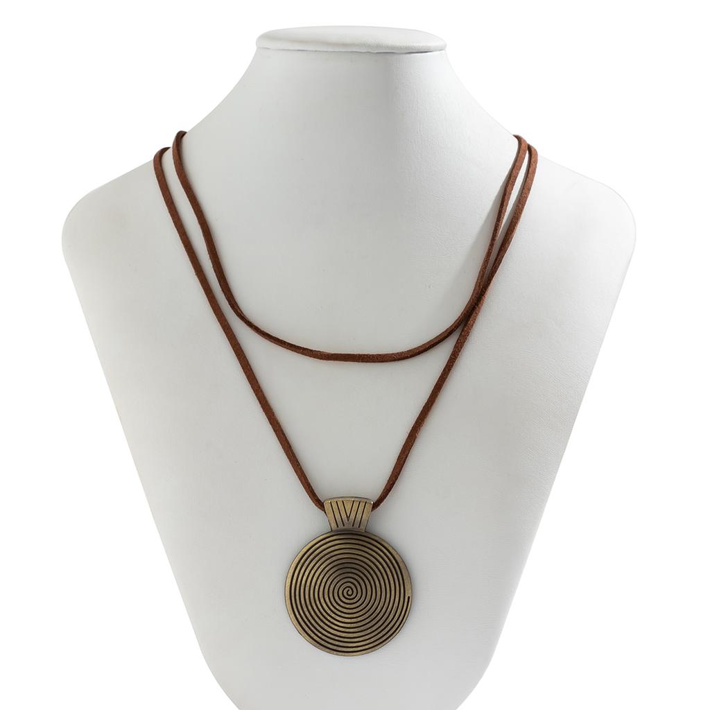 PuRui Punk Big Round Disc Pendant Necklace for Women Long Brown Rope Chain Charm Choker Vintage Zircon Collar Party Club Gift
