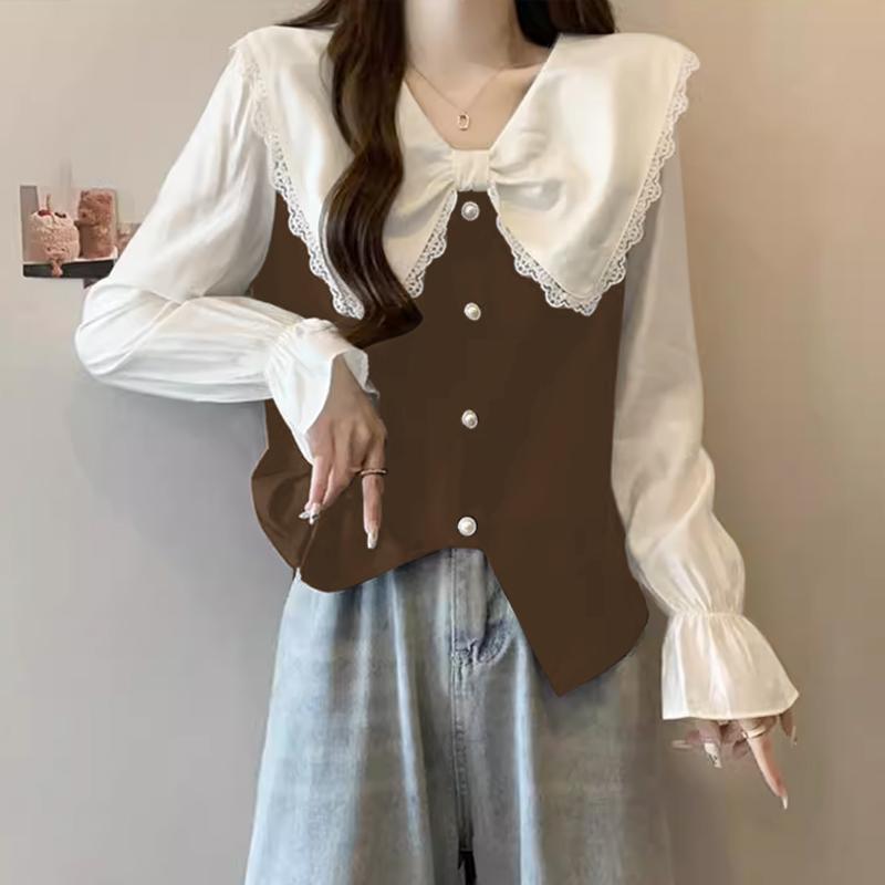 

VONDA женские осенние лацканы с завязками и кружевом с длинным рукавом контрастного цвета блузки 5XL коричневый