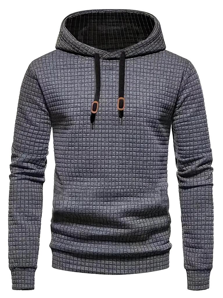 European Long Sleeve Hooded Men's Hoodie with Drawstring Jacquard Checkered Patchwork.