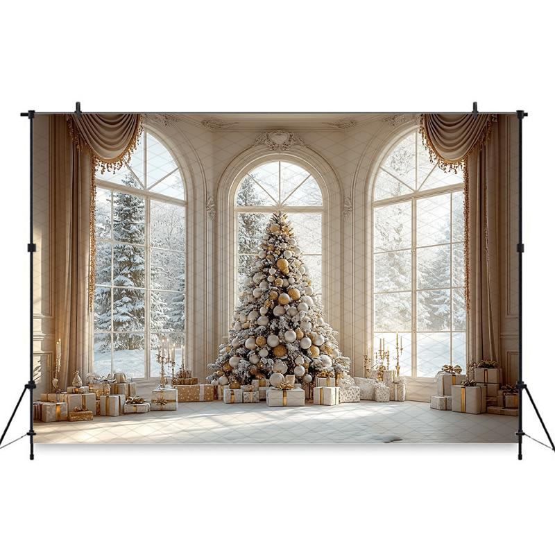 Mocsicka Weihnachten Hintergrund Fotografie Weihnachtsbaum Winter Schnee Haus Fenster Geschenke Dekoration Baby Shooting Kulisse Fotostudio