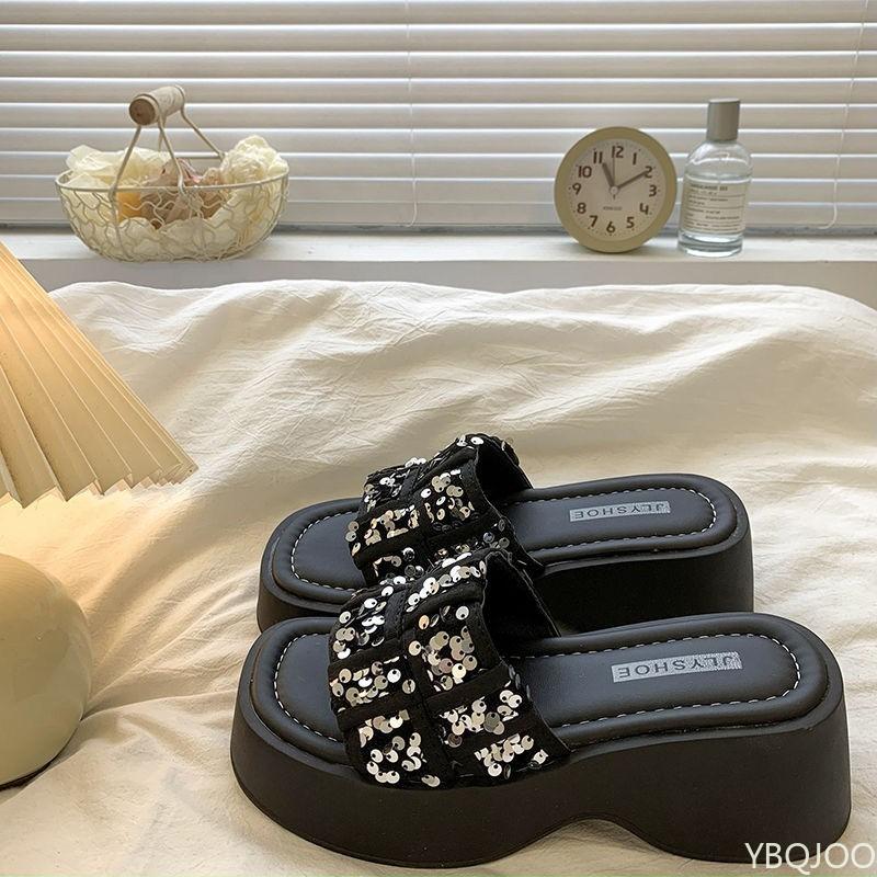 Open-toe Women's Casual Comfortable Fish Mouth Shoes Women Summer Sequin High-heeled Sandals Simple Thick-sole Slippers 2025 New