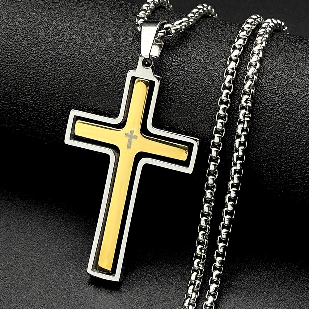 Christian Two-Tone Double Rotatable Cross Stainless Steel Jesus Amulet Pendant Necklace for Women Men Gold Color Chain Jewelry