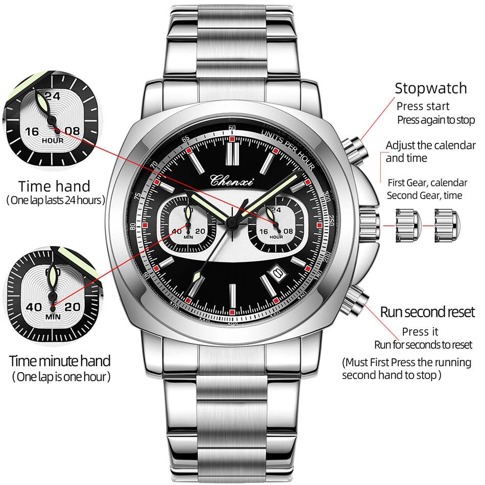CHENXI Watches Casual Fashion Multi-functional Luminous Timing Calendar Exercise Waterproof Steel Strip Round Quartz Men's wa