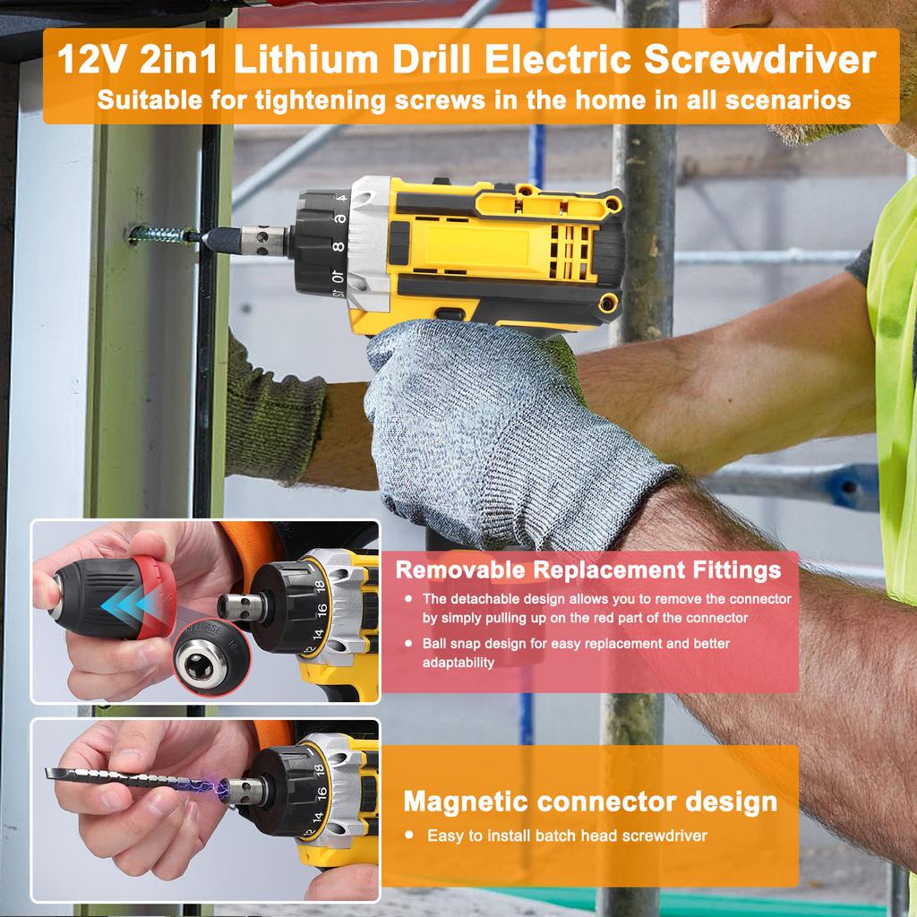 12 V 2in1 Lithium Drill Electric Screwdriver Multi Function Power Tool Brushed Motor Practical Screw Driver for Home