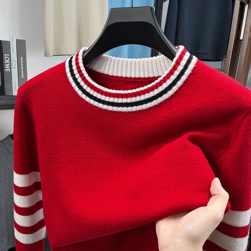European Style Men's Striped Slim Fit Round Neck Sweater - Trendy Brand Knitwear, Long Sleeve Casual Base Layer Shirt