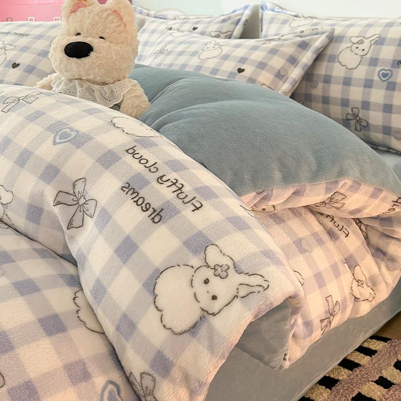 Cartoon Thickened Milk Fleece Coral Fleece Bed Four-Piece Set Fleece Flannel Quilt Cover Children'S Bed Single Three-Piece Set